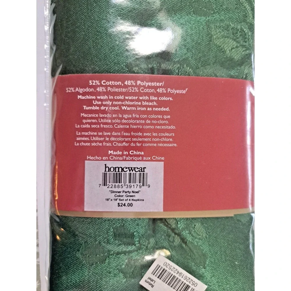 Macy's Homewear Dinner Party Noel Napkins Set of 4 Green 18x18
